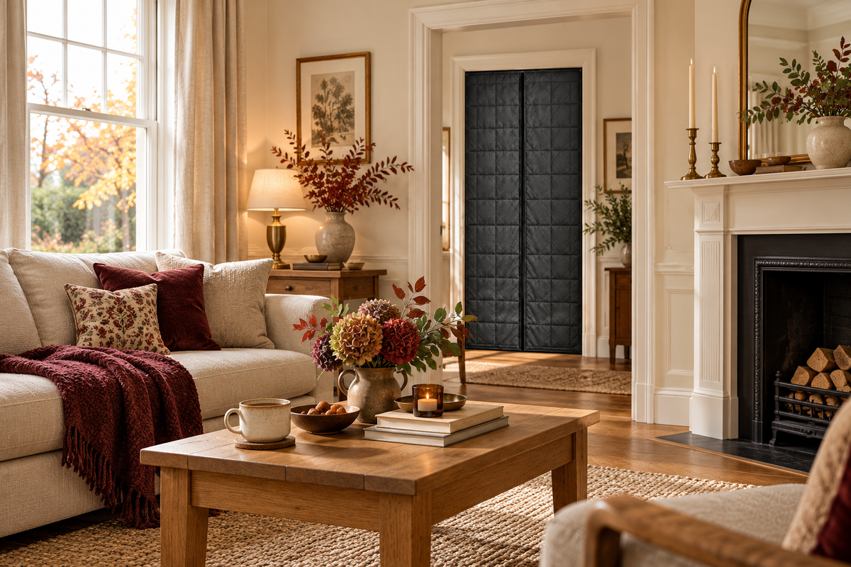 British sitting room with ivory upholstery, a burgundy throw and charcoal quilted doorway curtain