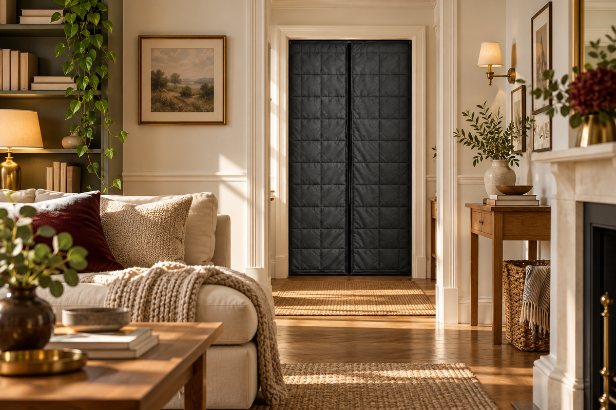 Charcoal frame-mounted door curtain viewed from an ivory and oak British living room