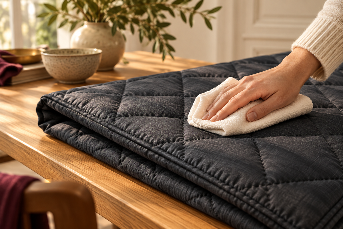 Hand gently cleaning folded charcoal quilted fabric with an ivory cloth on an oak table