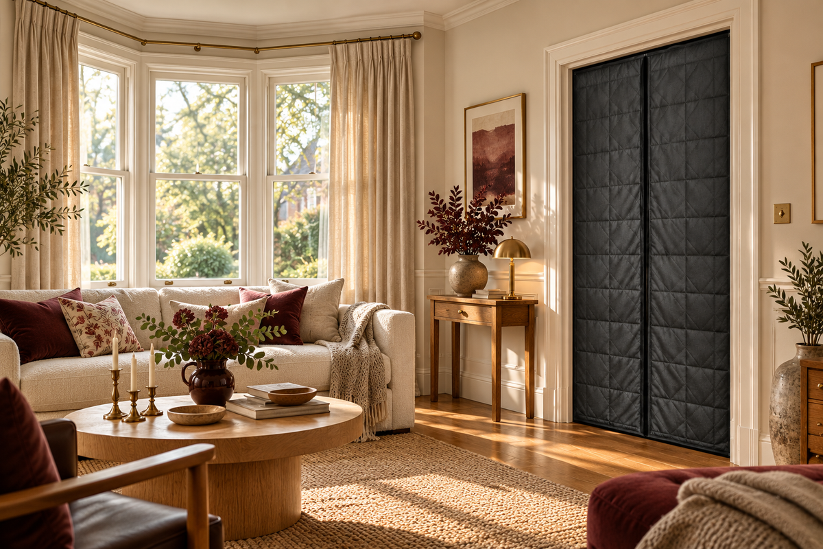 Oatmeal curtains at a bay window and a separate charcoal quilted curtain at an interior doorway