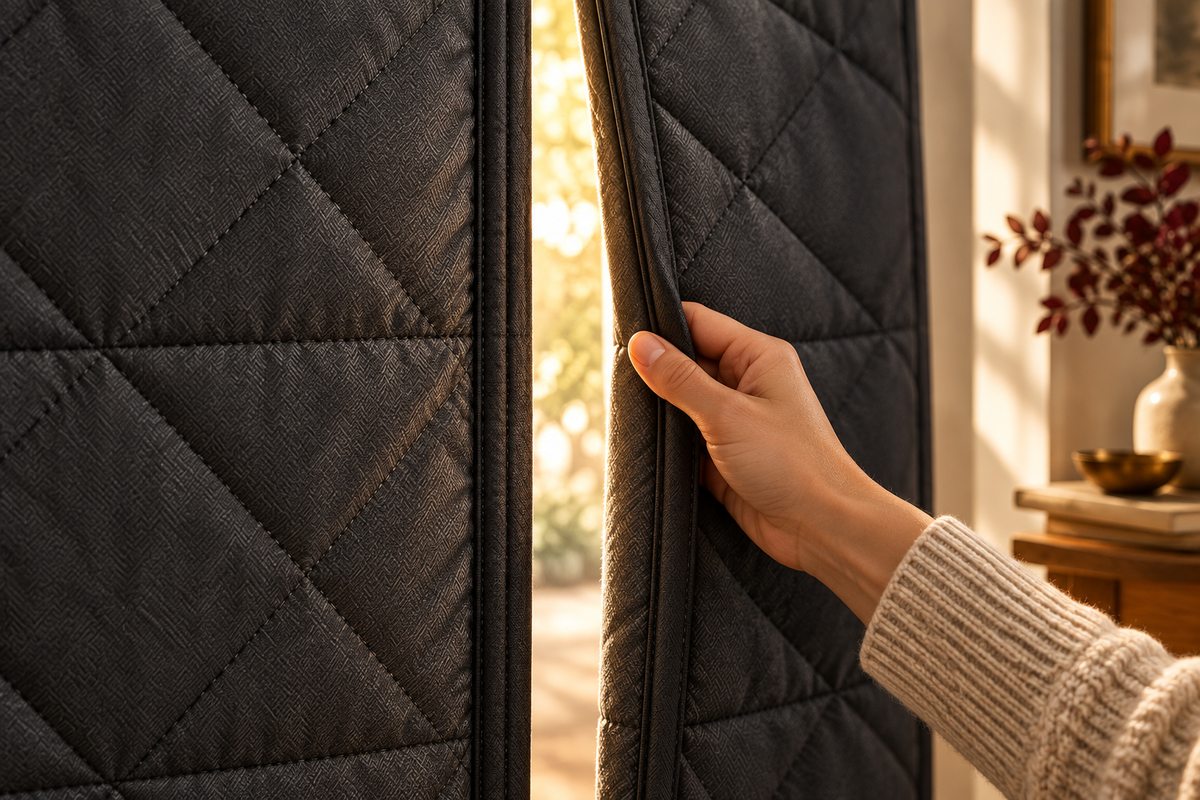 Close detail of the charcoal quilted curtain's central opening and bound fabric edges