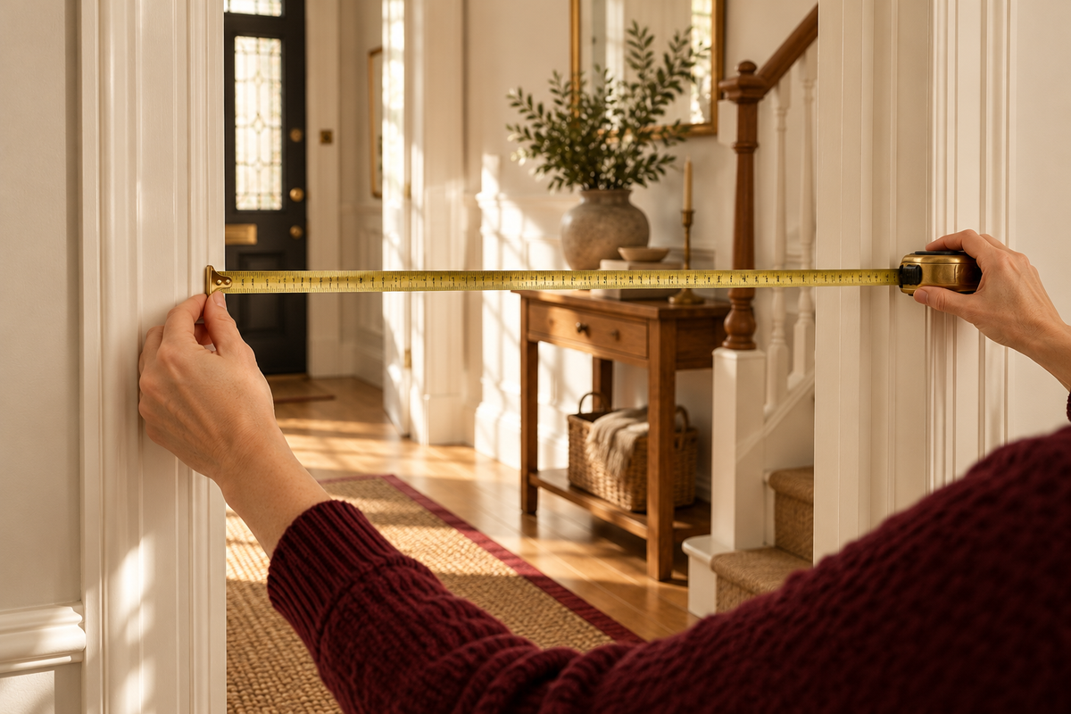 Measuring the width of an ivory wooden doorway with a tape measure