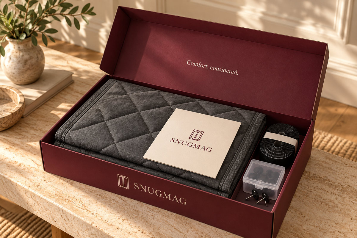 SnugMag branded box, instruction card and included fixing accessories