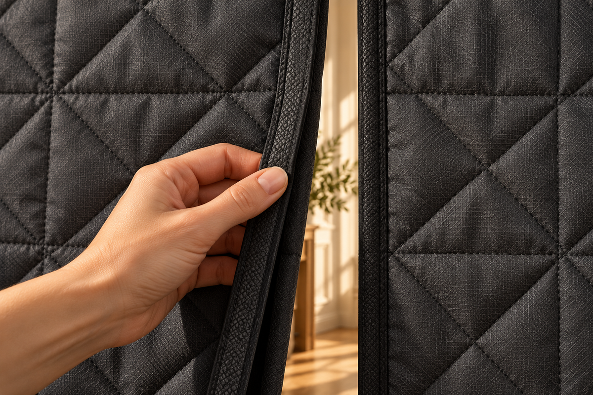 Magnetic curtain opening being checked by hand